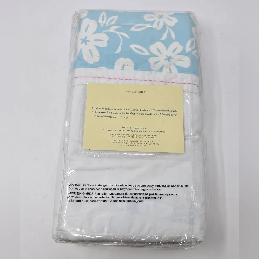 NEW POTTERY BARN KIDS CRIB ALOHA BED SKIRT DUST RUFFLE COTTON RARE BLUE FLORAL